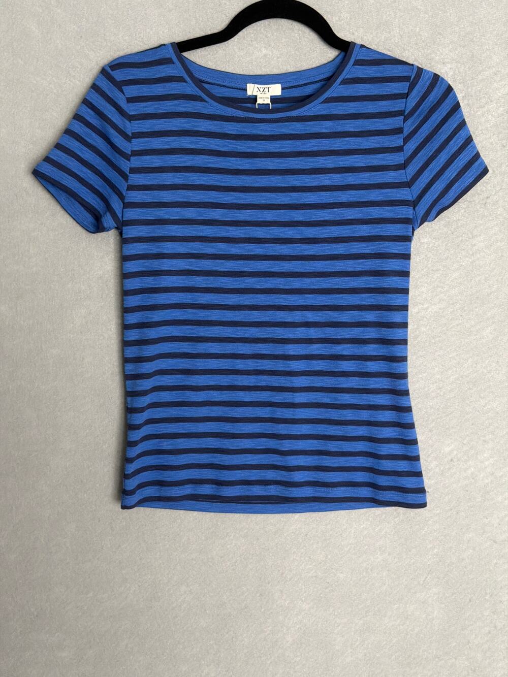 NZT Nic+Zoe Crew Neck T-Shirt Stripe Short Sleeve Blue Women's X-Small NEW